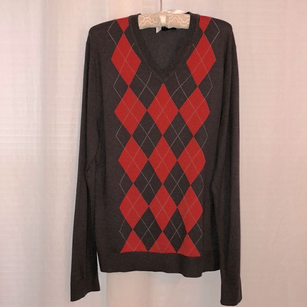 BR L Silk Cotton Cashmere Gray Orange V Neck Pullover Diamond Shapes Sweater